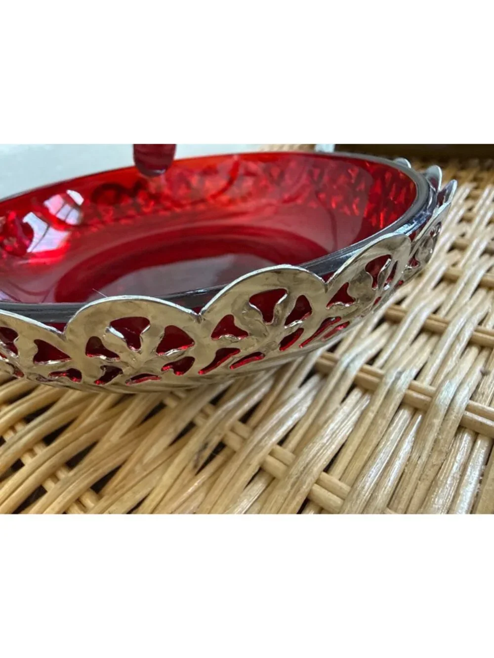 Vintage 1950s England Chrome Ruby Red Glass Condiment Dish Clam Shell Spoon